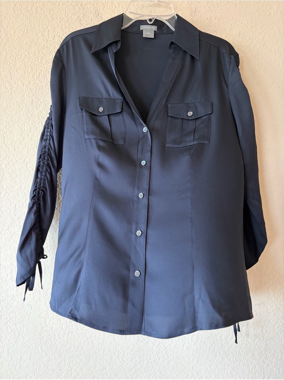 Ann Taylor Blue Silk Button Down Shirt with Ruched Sleeves Size 6